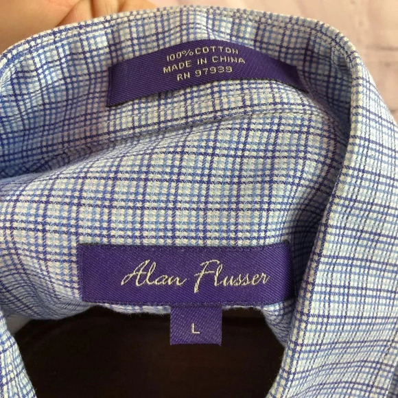alan flusser short sleeve plaid button down shirt size large preppy office - Picture 4 of 4